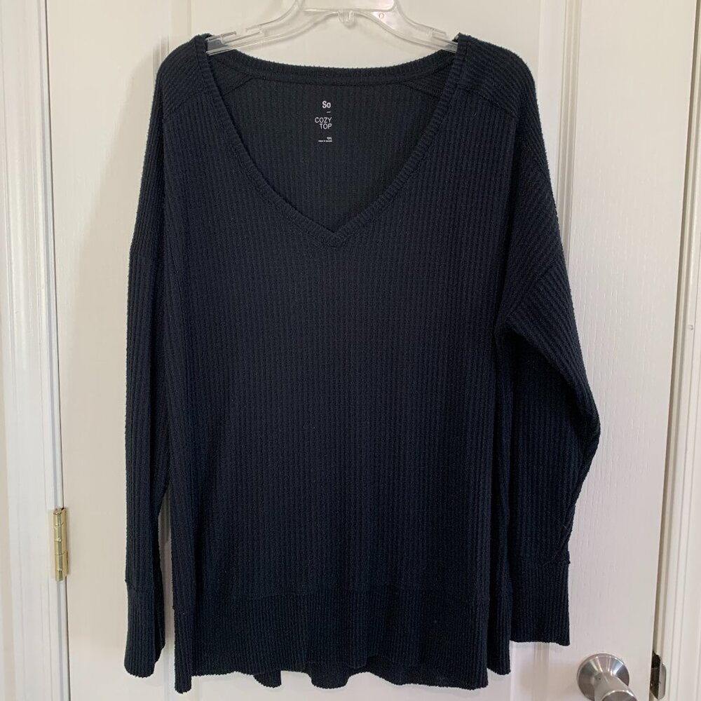 So Cozy Waffle Thermal Knit Top V-Neck Pullover Long Sleeve Black Size XXL